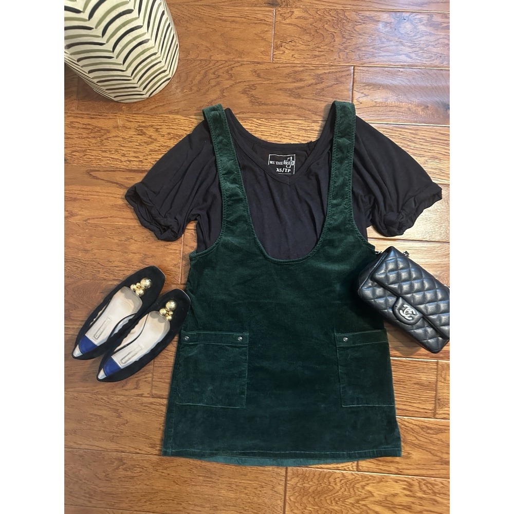 Free People 2 Pc Lot Green Corduroy Pinafore Overall Dress Sz 2 & Black Top XS
